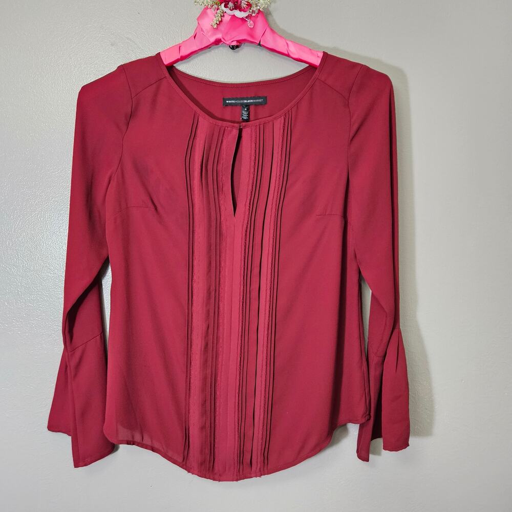 Romantic WhiteHouseBlackMarket Red Pleated BellSleeve Keyhole Blouse Size 4 Boho